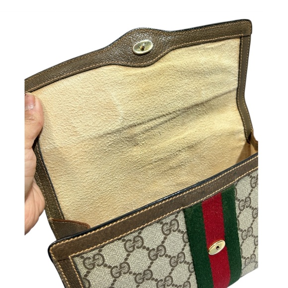 Vintage GUCCI PVC Leather Sherry Line Pouch Clutch Women’s Bag Brown Beige Used - Picture 11 of 17